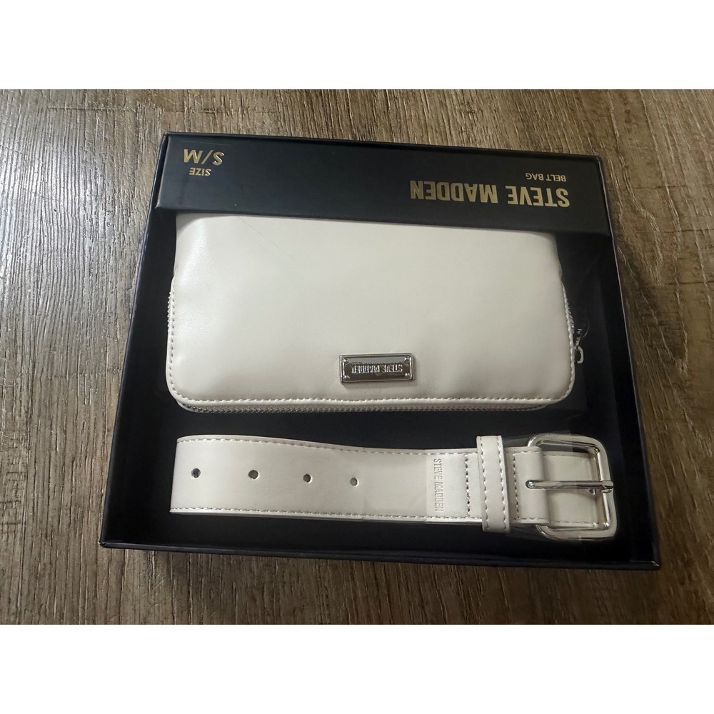 Steve Madden Belt Bag Cream Faux Leather Pouch Set Adjustable Belt Size S/M NWOT